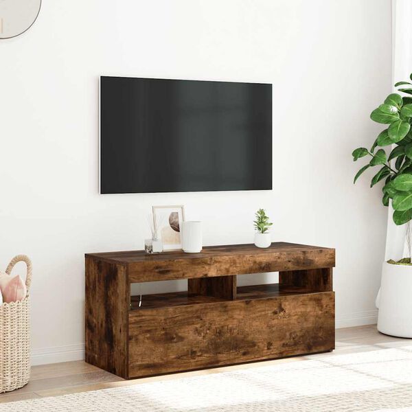 vidaXL Tv-bänk med LED-belysning rökfärgad ek 90x35x40 cm