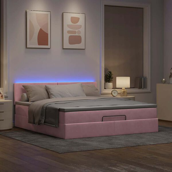 vidaXL Ottoman s&auml;ng med madrass och LED-lampor rosa 180x200cm sammet