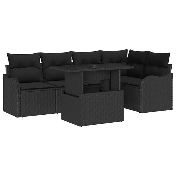 vidaXL Tr&auml;dg&aring;rdsoffset med kudde 6 pcs Svart Poly rattan