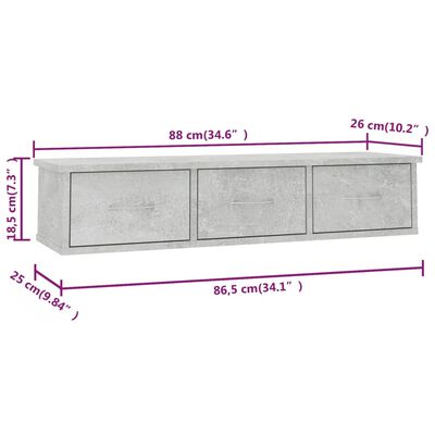 vidaXL Väggmonterade lådor betonggrå 88x26x18,5 cm spånskiva