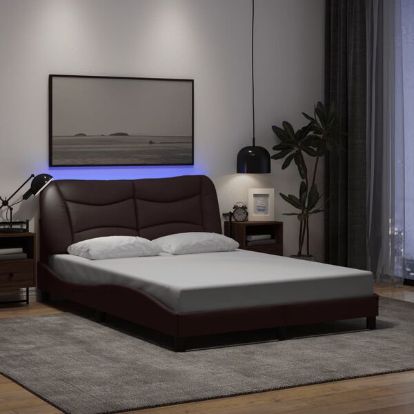 vidaXL Bed Frame with LED without Mattress "Hvar" Dark Brown 140x200 cm Fabric