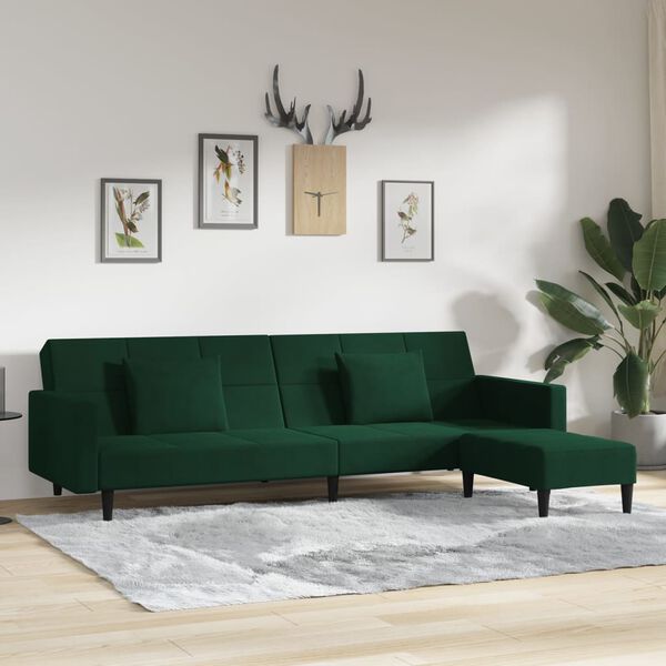 vidaXL B&auml;ddsoffa 2-sits med tv&aring; kuddar och fotpall m&ouml;rkgr&ouml;n sammet