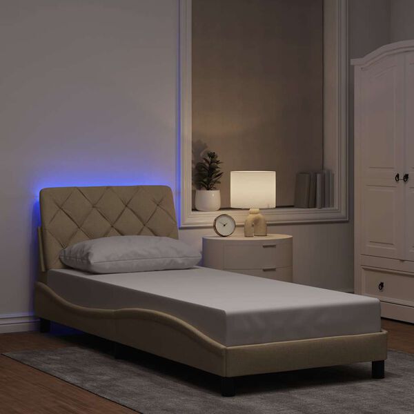 vidaXL Bed Frame with LED without Mattress Cream 90x200 cm Fabric