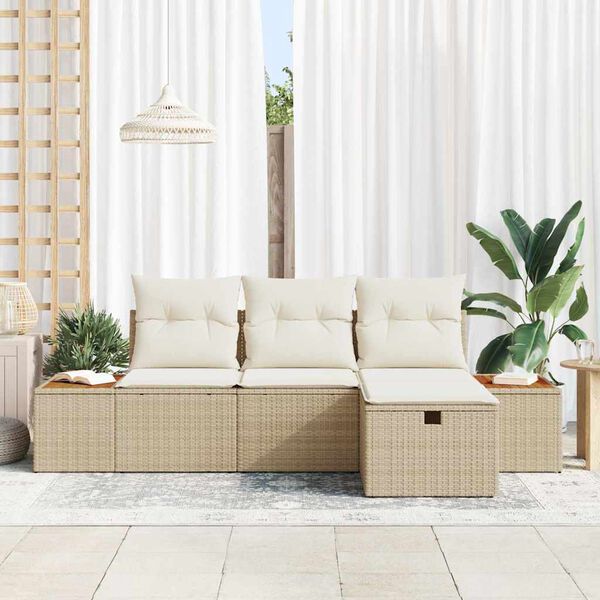vidaXL Tr&auml;dg&aring;rdsoffset med kudde 4 pcs Beige Poly rattan