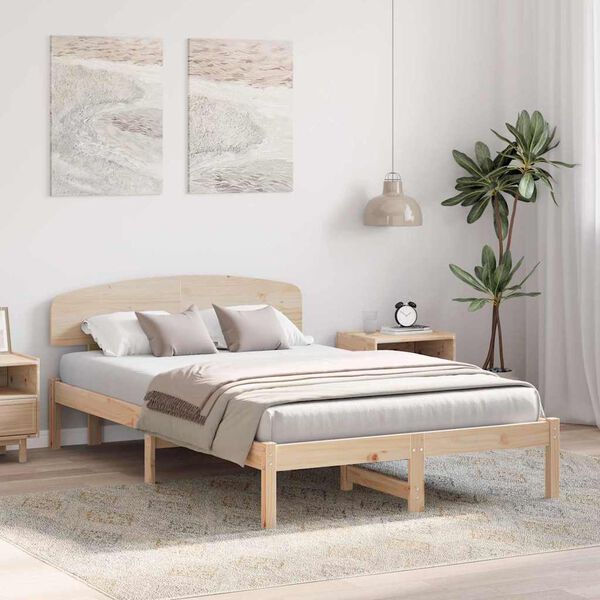 vidaXL Sängram med huvudgavel Naturfärg 135 x 190 cm Massiv furu