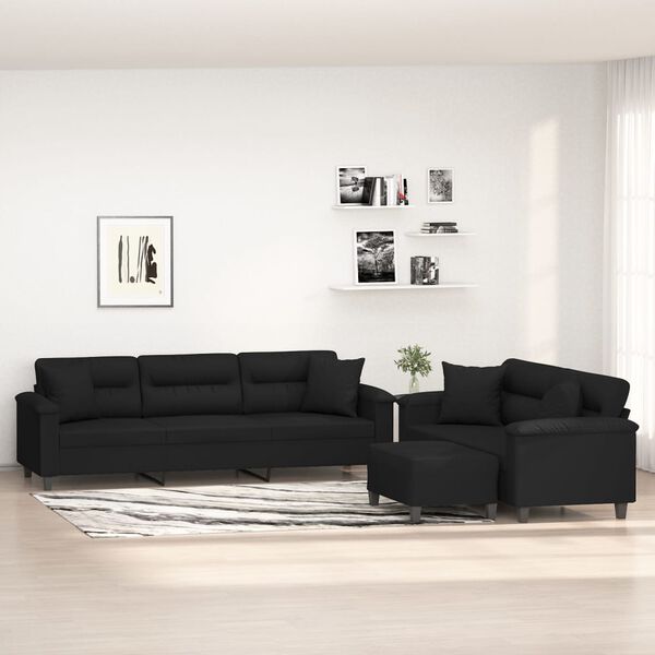 vidaXL Soffgrupp med kuddar 3 delar svart mikrofibertyg