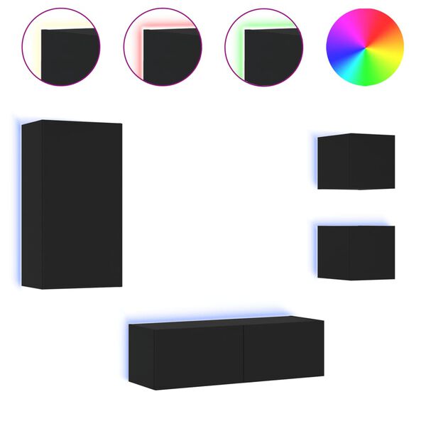 vidaXL V&auml;ggmonterade tv-sk&aring;p 4 delar med LEDs svart