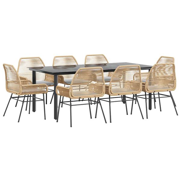 vidaXL Matgrupp f&ouml;r tr&auml;dg&aring;rd med dynor 9 delar brun polyrotting glas