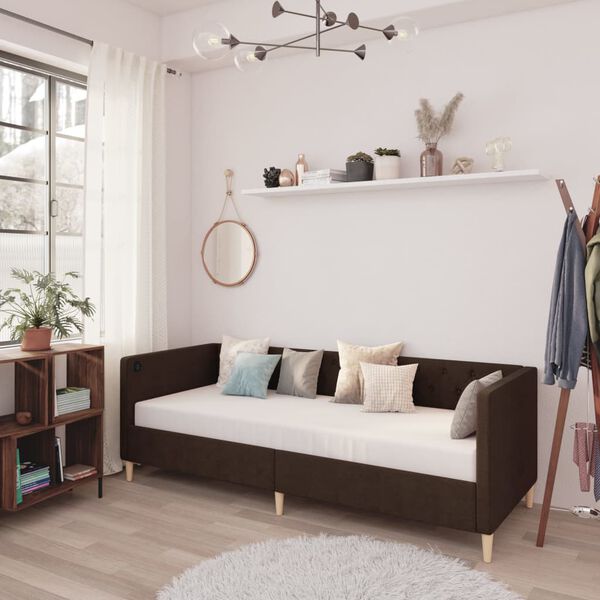 vidaXL Dagb&auml;dd med USB m&ouml;rkbrun tyg 90x200 cm