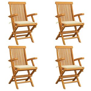 vidaXL Tr&auml;dg&aring;rdsstolar med gr&auml;ddvita dynor 4 st massiv teak