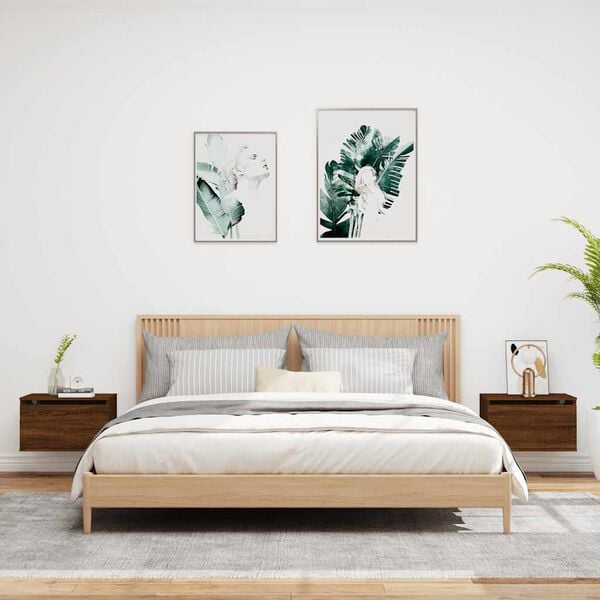 vidaXL V&auml;ggmonterade s&auml;ngbord med LED-lampor 2 st brun ek