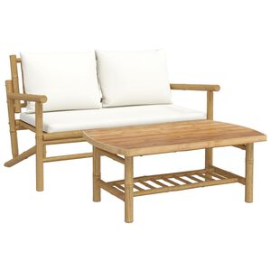 vidaXL Loungegrupp f&ouml;r tr&auml;dg&aring;rden med gr&auml;ddvita dynor 2 delar bambu