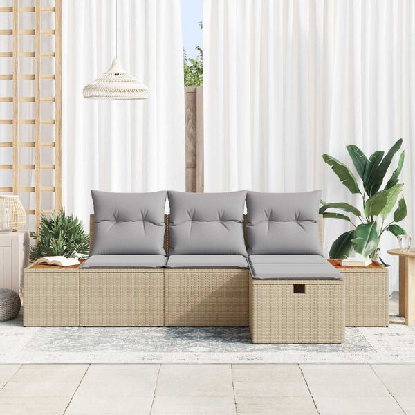 vidaXL Tr&auml;dg&aring;rdsoffset med kudde 4 pcs Beige Poly rattan