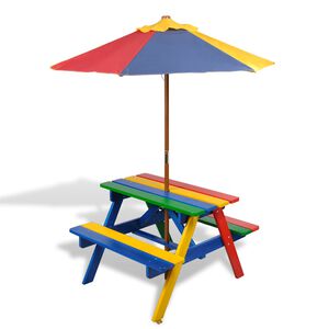 vidaXL Picknickbord med b&auml;nkar och parasoll f&ouml;r barn flerf&auml;rgad tr&auml;