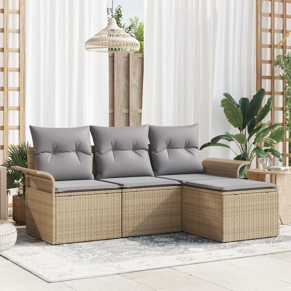 vidaXL Tr&auml;dg&aring;rdsoffset med kudde med lagring 4 pcs Beige Poly rattan