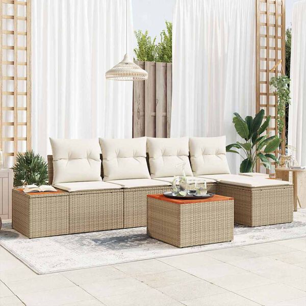 vidaXL Tr&auml;dg&aring;rdsoffset med kudde 6 pcs beige och gr&auml;ddvit Poly Rattan