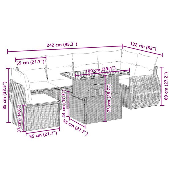 vidaXL Matgrupp f&ouml;r tr&auml;dg&aring;rden med dynor 7 delar beige konstrotting