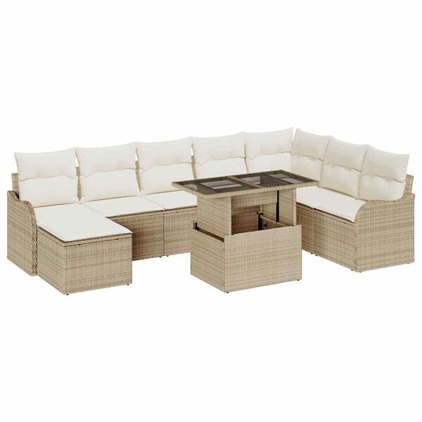 vidaXL Tr&auml;dg&aring;rdsoffset med kudde 9 pcs Beige Poly rattan