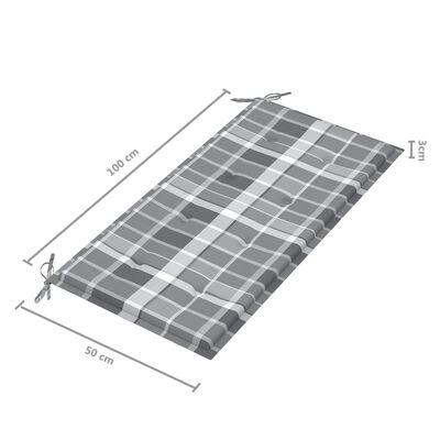 vidaXL Trädgårdsbänk med dyna grå rutmönster 112 cm massiv teak