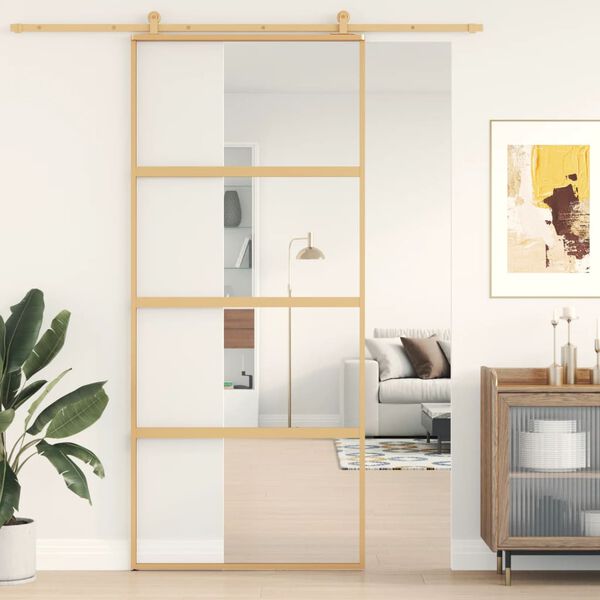 vidaXL Skjutd&ouml;rr guld 90x205 cm klart ESG-glas och aluminium