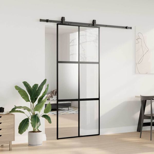 vidaXL Skjutd&ouml;rr med beslagssats svart 90x205 cm h&auml;rdat glas