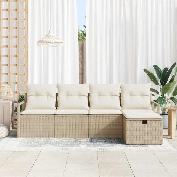 vidaXL Tr&auml;dg&aring;rdsoffset med kudde med lagring 5 pcs Beige Poly rattan