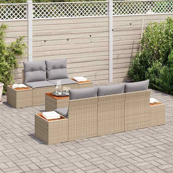 vidaXL Tr&auml;dg&aring;rdsoffset med kudde med lagring 6 pcs Beige Poly rattan