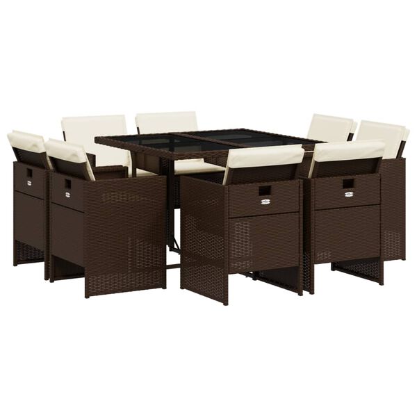 vidaXL Matgrupp f&ouml;r tr&auml;dg&aring;rden med dynor 9 delar konstrotting brun