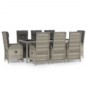 vidaXL Matgrupp f&ouml;r tr&auml;dg&aring;rden med dynor 9 delar gr&aring; konstrotting