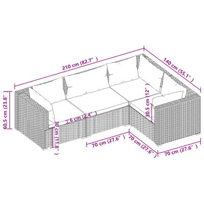 vidaXL Loungegrupp för trädgården med dynor 4 delar konstrotting grå