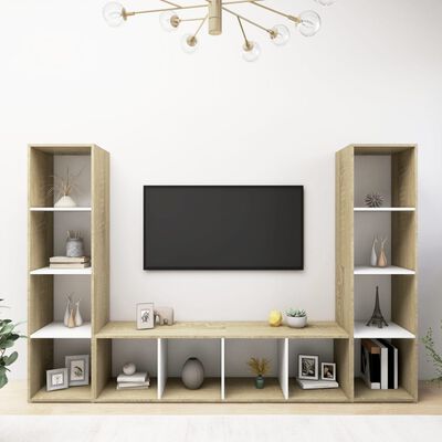 vidaXL TV-skåp 3 st vit och sonoma-ek 142,5x35x36,5 cm konstruerat trä