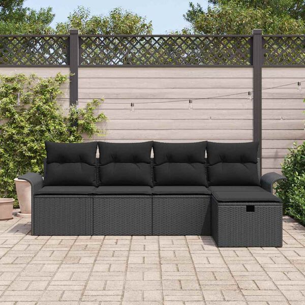 vidaXL Tr&auml;dg&aring;rdsoffset med kudde med lagring 5 pcs Svart Poly rattan