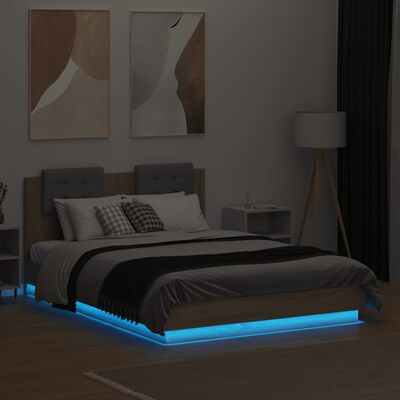 vidaXL Sängram med huvudgavel och LEDs sonoma-ek 135x190 cm
