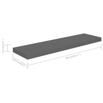 vidaXL Svävande vägghyllor 2 st grå högglans 90x23,5x3,8 cm MDF