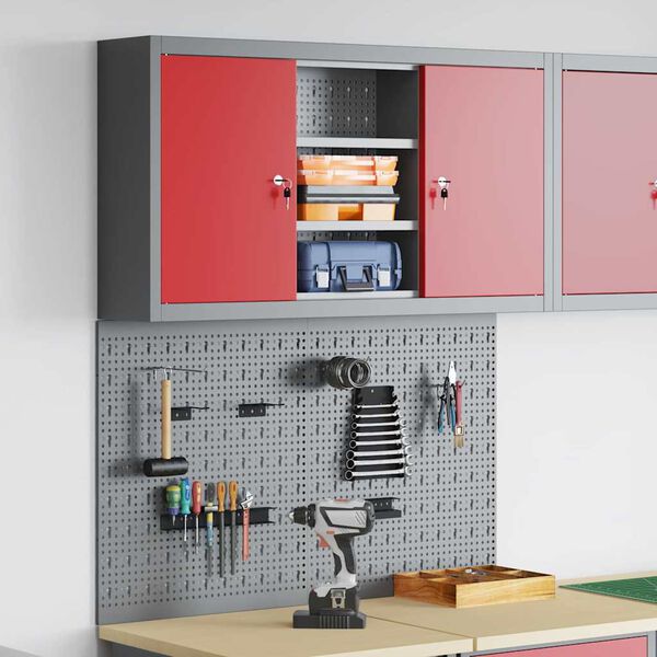 vidaXL Verktygssk&aring;p och pegboard-set 3 pcs R&ouml;d 100 x 20 x 115 cm St&aring;l