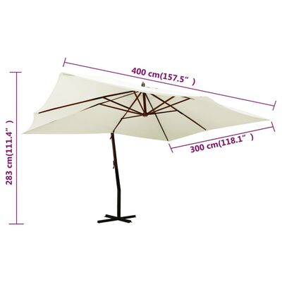 vidaXL Frihängande parasoll med trästång 400x300 cm sandvit