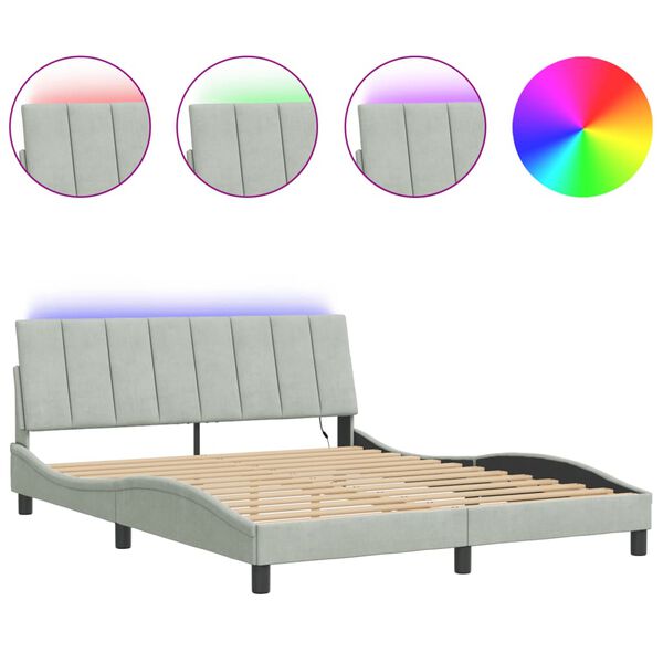 vidaXL Bed Frame with LED without Mattress "Hanko" Light Grey 160x200 cm Velvet