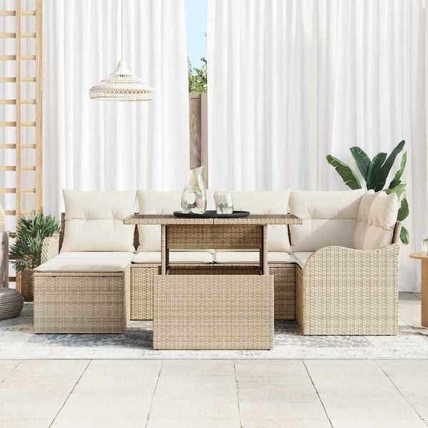 vidaXL Tr&auml;dg&aring;rdsoffset med kudde 7 pcs Beige Poly rattan
