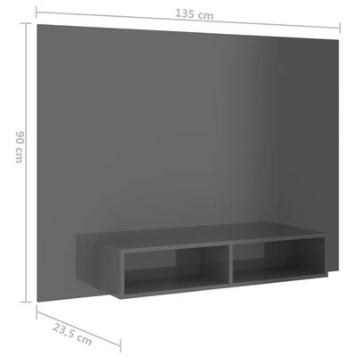 vidaXL Väggmonterat tv-skåp grå högglans 135x23,5x90 cm spånskiva
