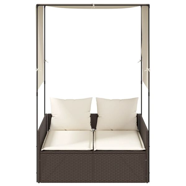 vidaXL Dubbel solsäng med tak och dynor brun konstrotting