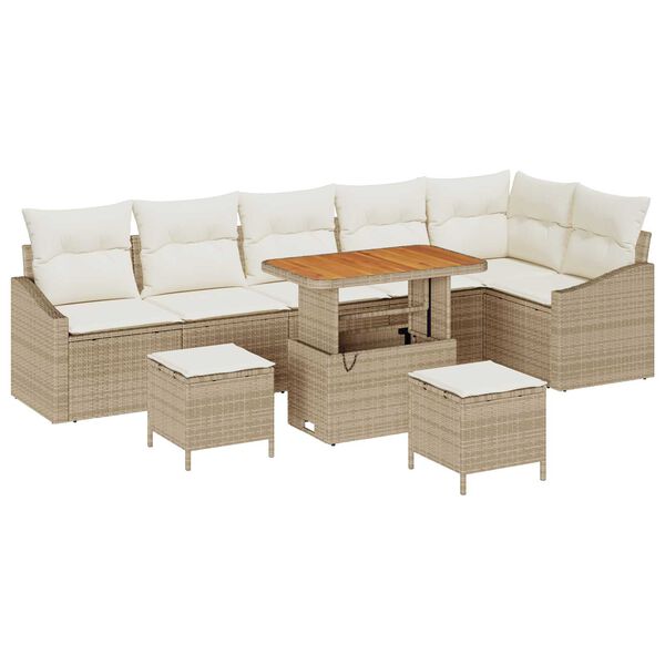 vidaXL Tr&auml;dg&aring;rdsoffset med kudde 9 pcs Beige Poly rattan