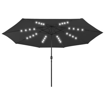 vidaXL Parasoll med LED-lampor och metallstång 400 cm svart