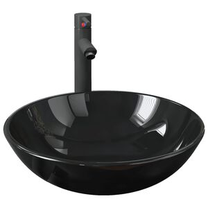 vidaXL Handfat med kran och tryckavlopp svart h&auml;rdat glas