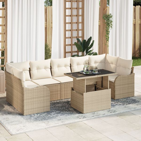 vidaXL Tr&auml;dg&aring;rdsoffset med kudde med lagring 8 pcs Beige Poly rattan