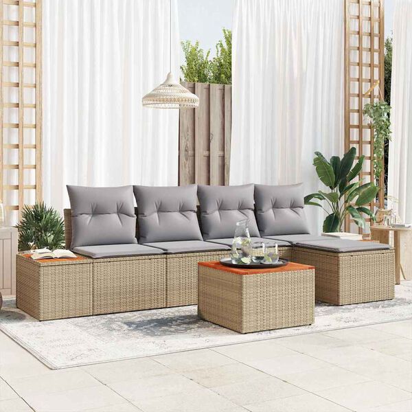 vidaXL Tr&auml;dg&aring;rdsoffset med kudde 6 pcs Beige Poly rattan