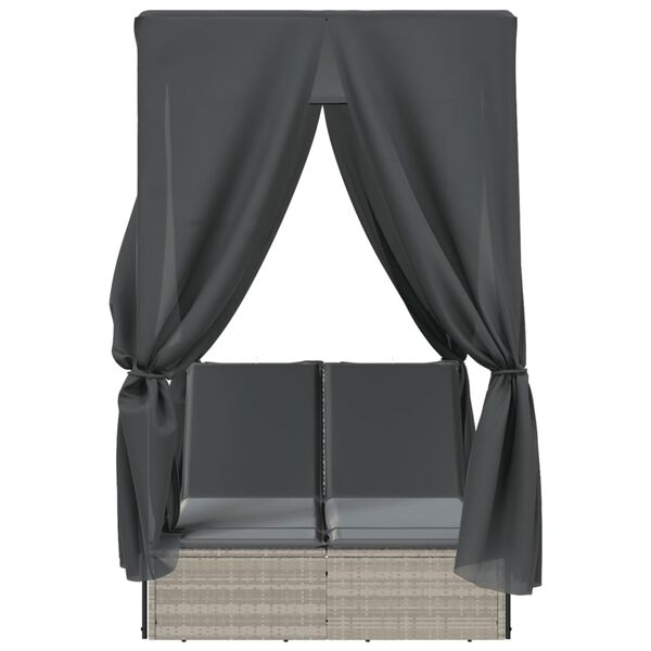 vidaXL Dubbel solsäng med tak och dynor ljusgrå konstrotting