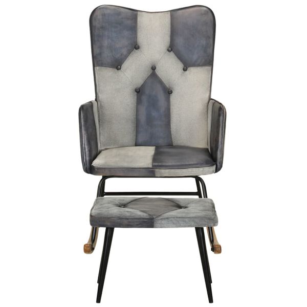 vidaXL Gungstol med fotpall grå äkta läder och kanvas