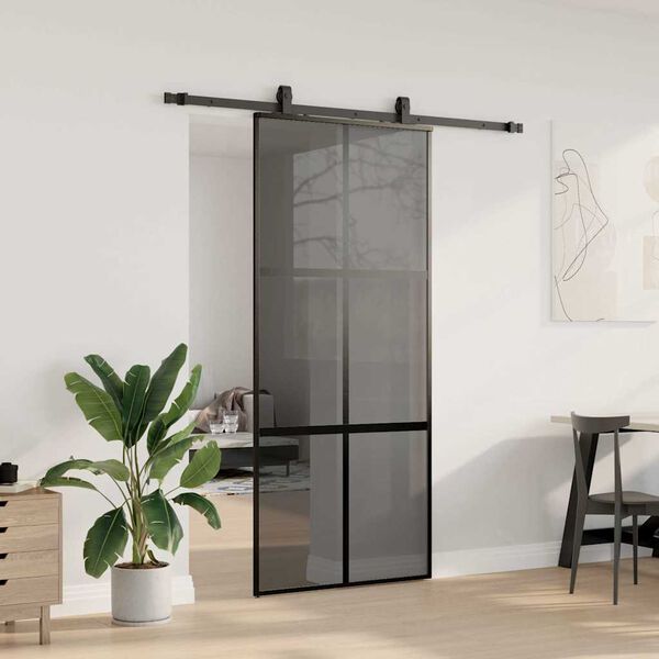 vidaXL Skjutd&ouml;rr med beslagssats svart 90x205 cm h&auml;rdat glas