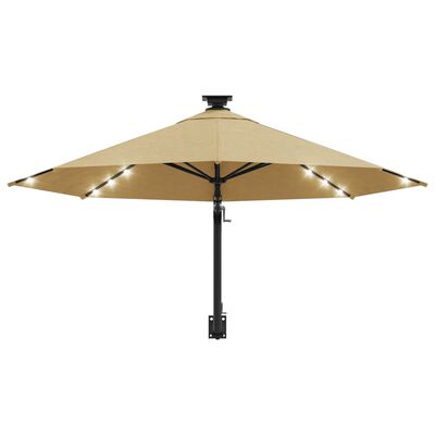 vidaXL Väggmonterat parasoll med LED och metallstång 300 cm taupe