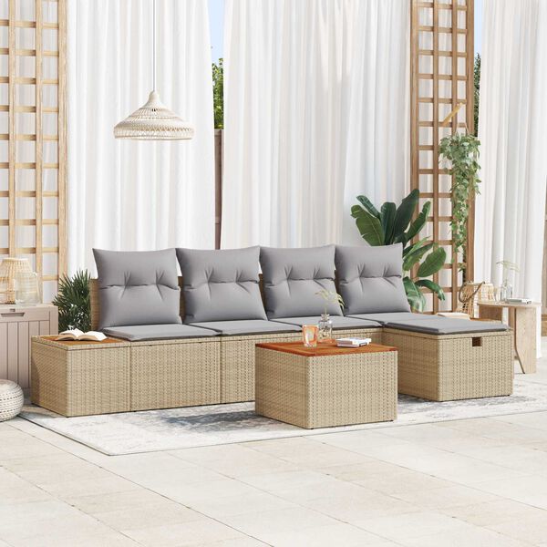 vidaXL Tr&auml;dg&aring;rdsoffset med kudde 6 pcs Beige Poly rattan